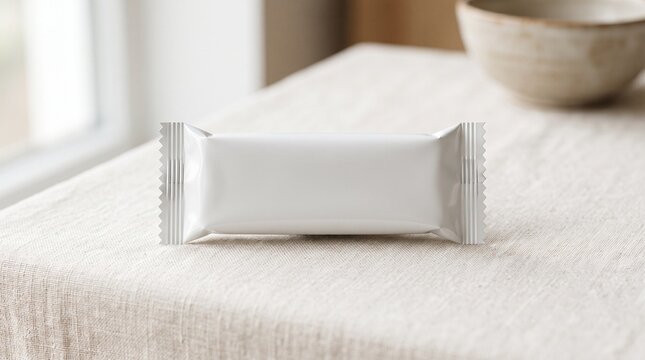 A single blank foil wrapper lies peacefully on a textured fabric tablecloth next to a ceramic bowl inside a bright room, showcasing a placeholder package ready for customized branding designs