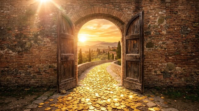 A magnificent wooden gateway opens to reveal a magical path paved with countless glowing gold coins stretching toward a vibrant horizon during sunset in a timeless mythical realm of endless