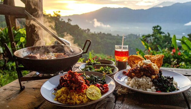 Village-style meal served in Batu City, East Java, Indonesia, showcasing local flavors and traditional dishes.