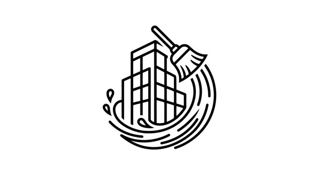 Cleaning service logo with a modern building and a broom sweeping with water splashes in black outline style vector illustration isolated on white background
