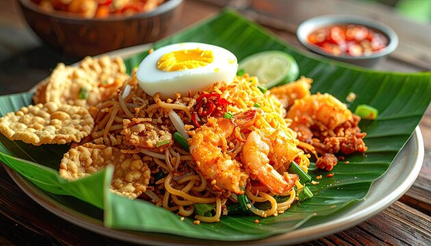 Traditional Indonesian fried noodles served on a banana leaf, topped with shrimp, boiled egg, and crackers