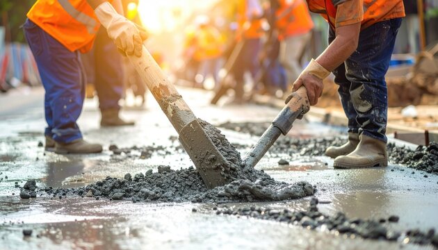 Workers pour, level fresh concrete for sidewalk amidst construction activities on works day