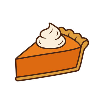 A single slice of pumpkin pie topped with whipped cream in a flat vector illustration style.