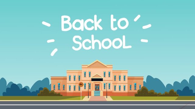 Animated school building exterior with back to school text on blue sky background.
