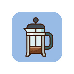Naklejka premium French Press Coffee Maker Light Blue Rounded Square Badge Vector Illustration