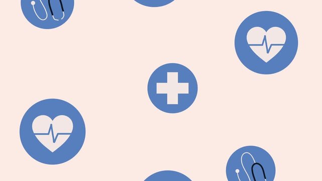 Dynamic background with medical icons floating and animating across screen motion graphics.