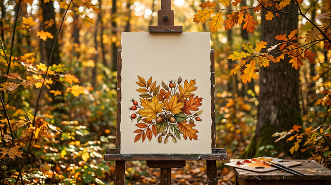 Autumn leaves painting on easel in forest with painting tools nearby
