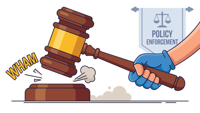 Hand in blue glove holding a gavel and striking a sounding block with "WHAM" text, representing policy enforcement and legal judgment.