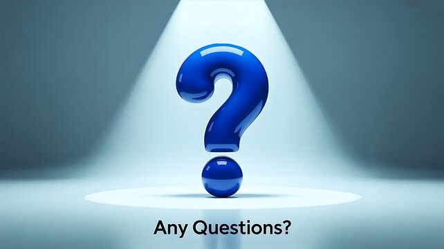Blue question mark under a spotlight with any questions message representing inquiry, communication, support, uncertainty, and customer service