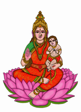 hand drawn digital art of goddess parvati with kartikeya