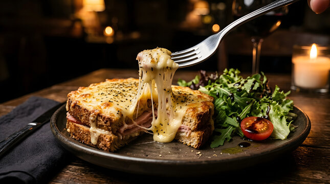 Ham and cheese sandwich with melted cheese pull held by fork