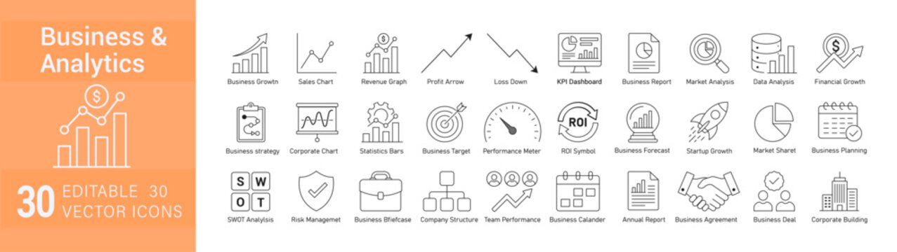 Business  Analytics Icon Set, 30 editable stroke thin line vector icons for data analysis, finance, marketing, growth chart, statistics and strategy