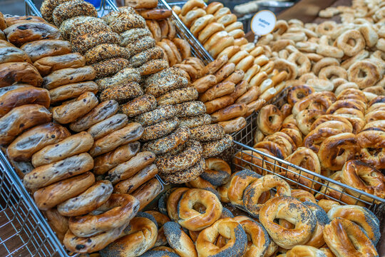 Freshly baked traditional Montreal style sesame bagels