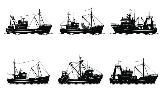 A set of six various fishing trawler silhouette vector icon illustration on a white background
