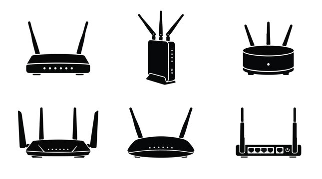 A set of six various wireless router silhouette vector icon illustration on a white background
