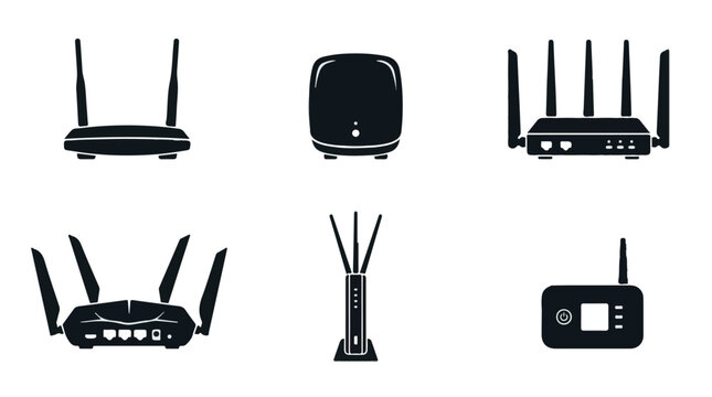 A set of six various wireless router silhouette vector icon illustration on a white background
