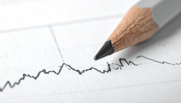 Pencil on Chart: A graphite pencil poised above a hand-drawn line graph on a document, symbolizing analysis and data interpretation.
