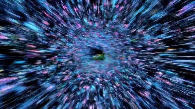 Explosive radial light burst with colorful particles.