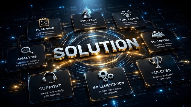 Business solution strategy concept with glowing 3D circuit board interface showing planning analysis innovation teamwork and implementation processes