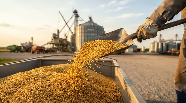 Agricultural Worker Using a Shovel to Transfer Harvested Soybeans into a Storage Container at a Rural Grain Facility