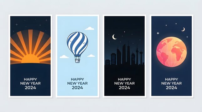 Four abstract vertical banner designs with colorful gradients and geometric shapes