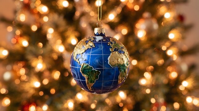 A beautiful glass ornament shaped like the earth hangs on a brightly lit christmas tree