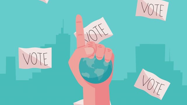 Animation of hand holding world globe with vote cards falling down against city silhouette background in motion.