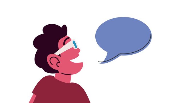 Happy person with speech bubble animation, cartoon male character communicating or sharing thoughts.