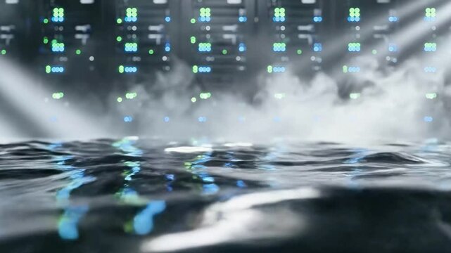 Flooded server room with steam and dramatic light rays