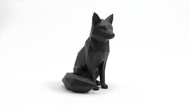 Stylized 3D geometric fox sculpture with sharp faceted polygons and matte black finish. Minimalist wild animal design, isolated on clean white. 