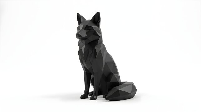 Stylized 3D geometric fox sculpture with sharp faceted polygons and matte black finish. Minimalist wild animal design, isolated on clean white. 