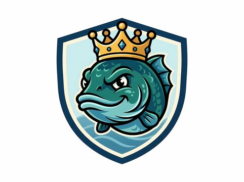 Angry Fish Mascot with Golden Crown inside a Shield Emblem.