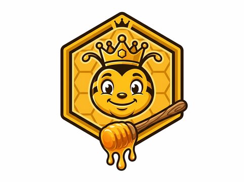 Cute Cartoon Queen Bee Logo Design with Honey Dipper.