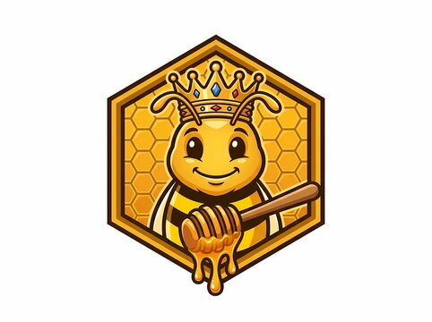 Cute cartoon queen bee character with honey dipper in honeycomb frame.