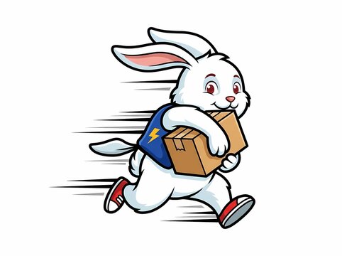 Cartoon mascot illustration of a fast running white rabbit delivering a package.