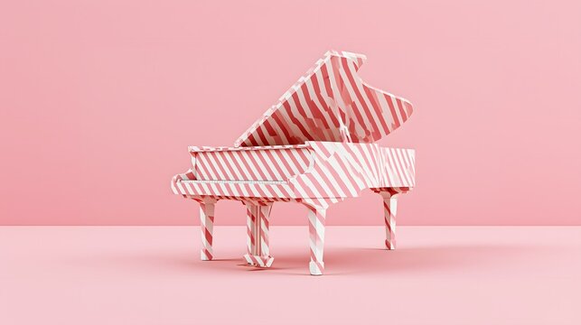 Striped grand piano on a pink background, stylish and unique