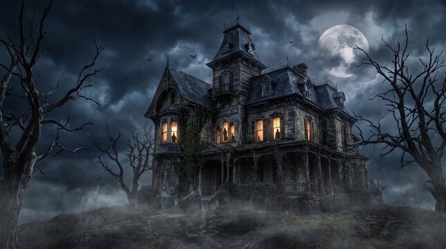 Spooky haunted Victorian mansion under full moon and dark stormy night sky