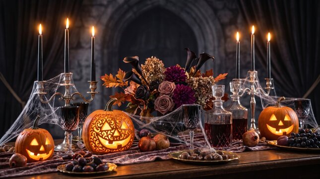 Gothic Halloween dinner table setup with carved pumpkins candelabras floral centerpiece and wine glasses