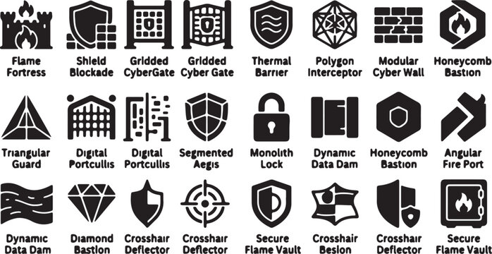 Cybersecurity and digital defense icons set with fortress, shield, gate, and lock vector illustration