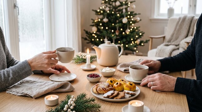 People sharing a Swedish holiday fika with saffron buns, warm tea, and copy space