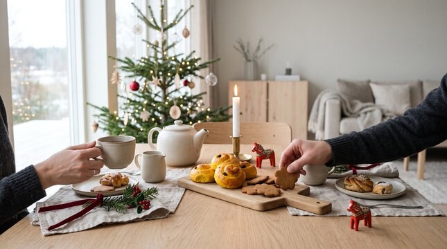 Reaching for gingerbread at a traditional Swedish holiday fika with Dala horses, tea, and copy space