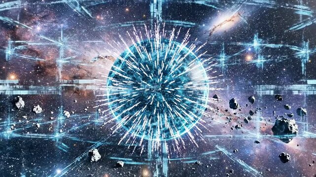Glowing energy sphere surrounded by asteroids in outer space