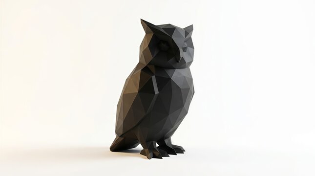 Stylized 3D geometric owl sculpture with sharp faceted polygons and matte black finish. Minimalist bird design, isolated on white pedestal. 