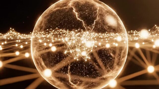 Golden glowing plexus network with glass sphere.