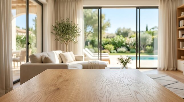 Empty wooden table top with blurred luxury villa living room background for product mockup presentation and display.