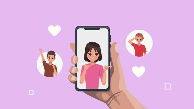 Woman using dating app on smartphone to choose between male profiles with love icons.