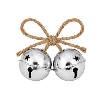 Pair Of Silver Jingle Bells On Twine Christmas Holiday isolated cutout on transparent background