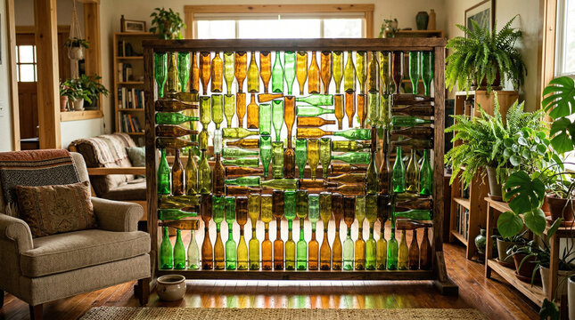 A decorative wall partition is constructed from numerous recycled green and amber glass.