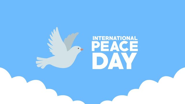 International peace day animation with flying dove and clouds on a serene blue sky, motion graphic design for global celebration.