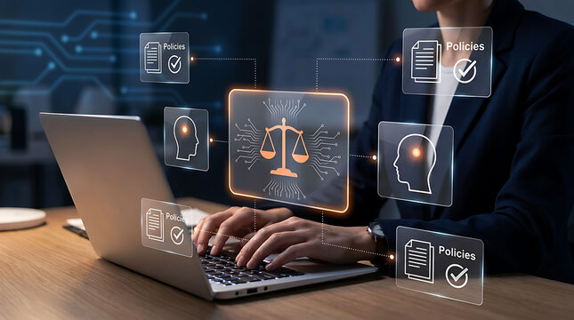 Professional typing on laptop with digital law and policy interface graphics